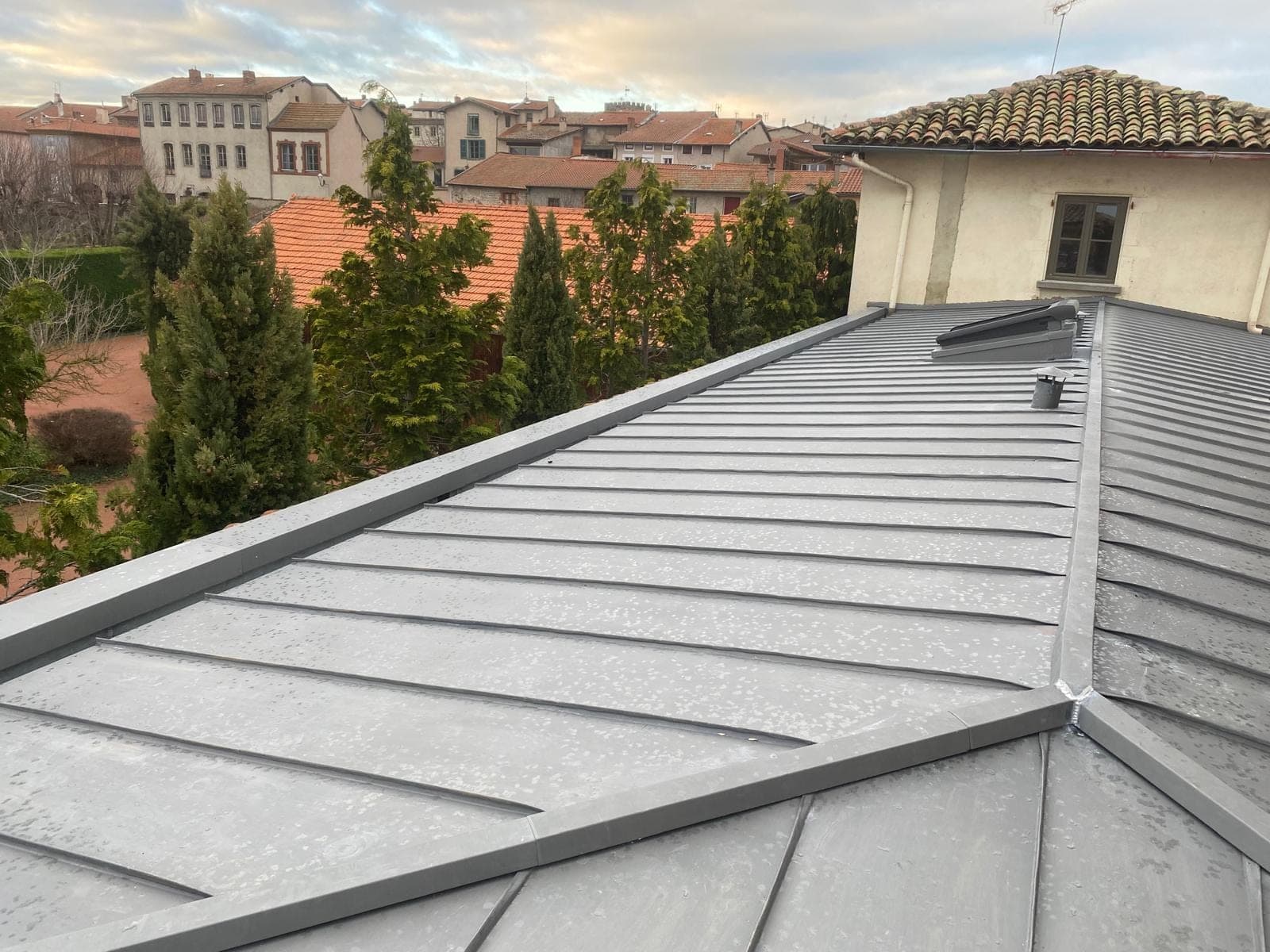 Toiture en zinc à joint debout avec fenêtres de toit, rénovation de couverture