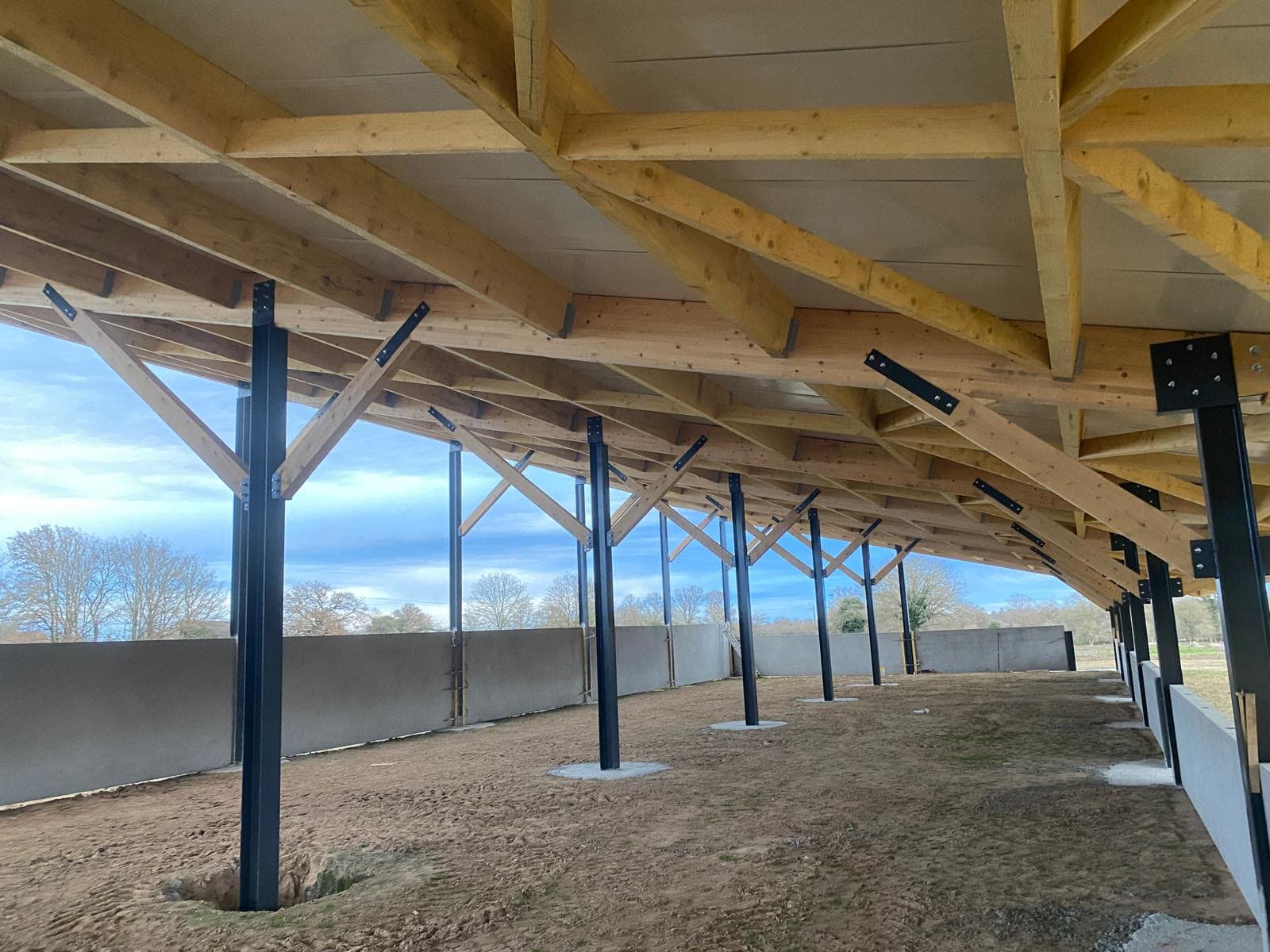 Intérieur d'un hangar agricole, charpente bois sur poteaux acier, côtés ouverts